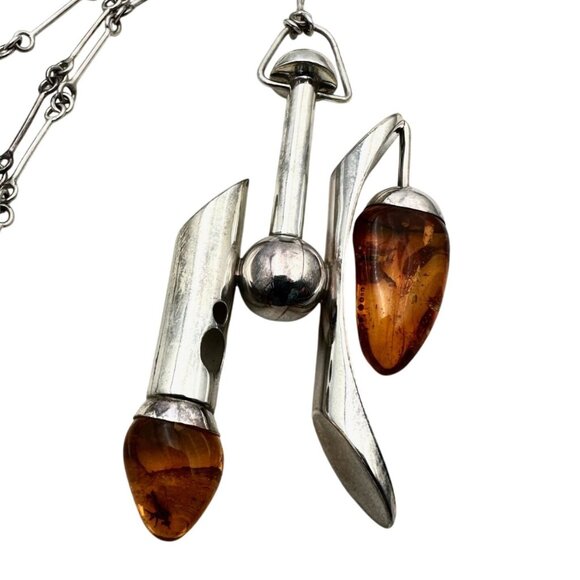 Unusual Rare Vintage Modernist Sterling Silver Amber Necklace 2 Bugs In Amber - Picture 3 of 6